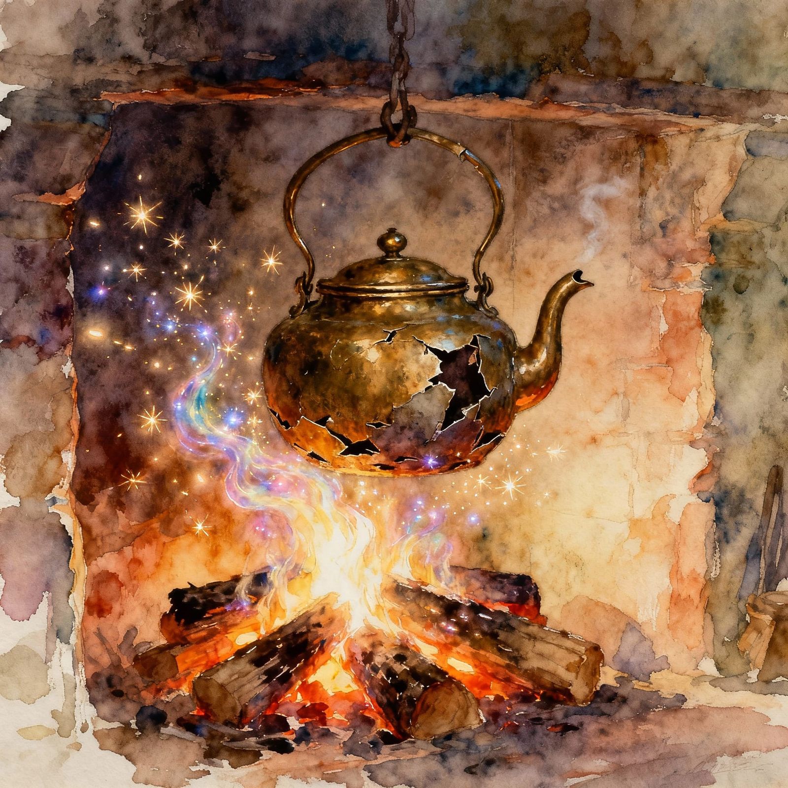 Ancient Teapot Over Magical Fireplace in Watercolor