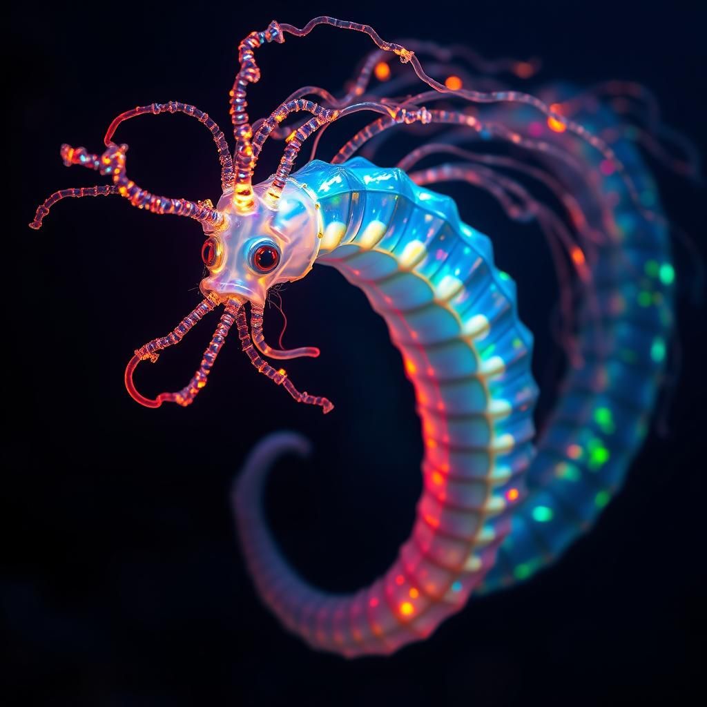 Iridescent Fireworm in Dark Sea, Digital Art