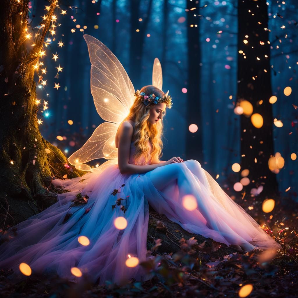 Fairy in Magical Forest at Blue Hour