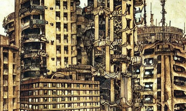 Dystopian Steampunk Cityscape Inspired by Egon Schiele