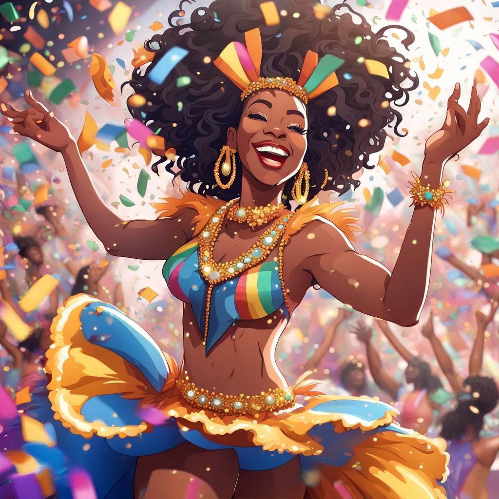 Smiling Woman Dancing Samba in Anime Style