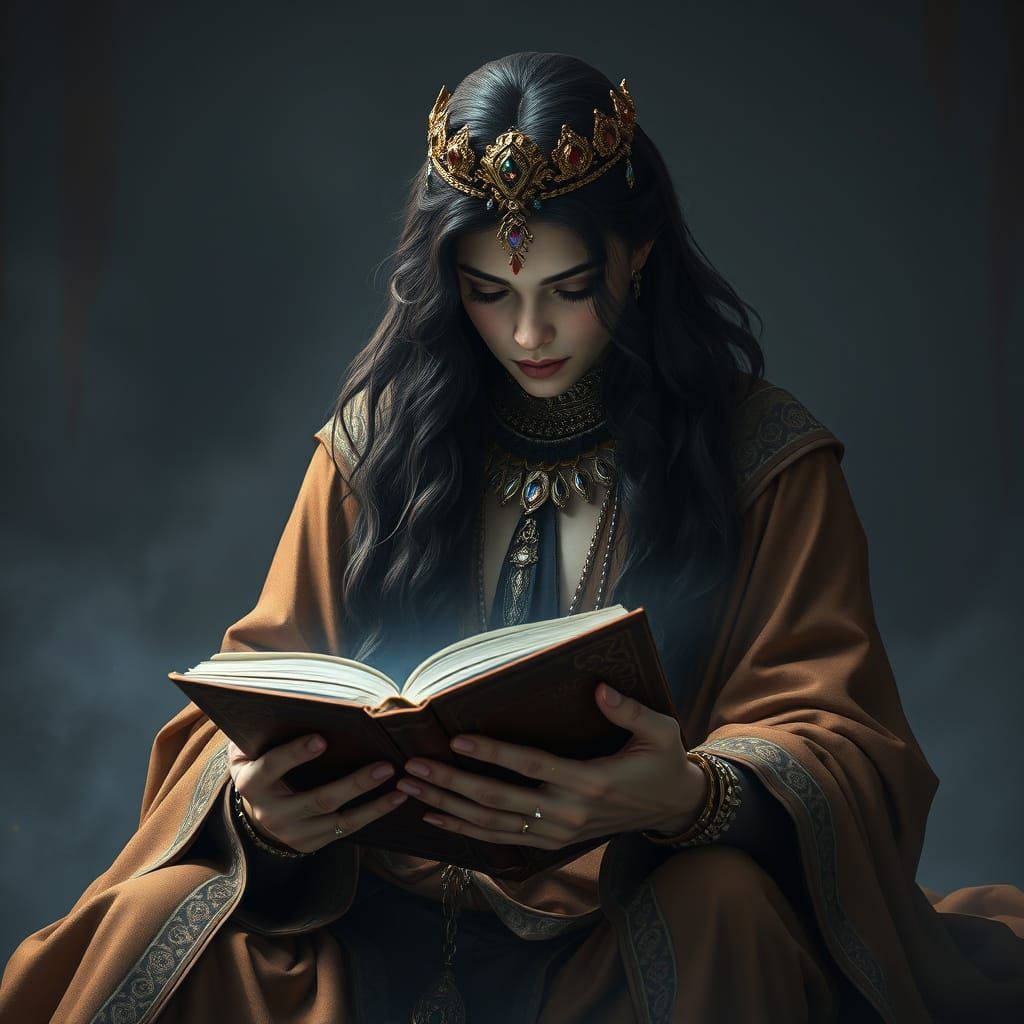 Regal Figure Lost in Ancient Tomes