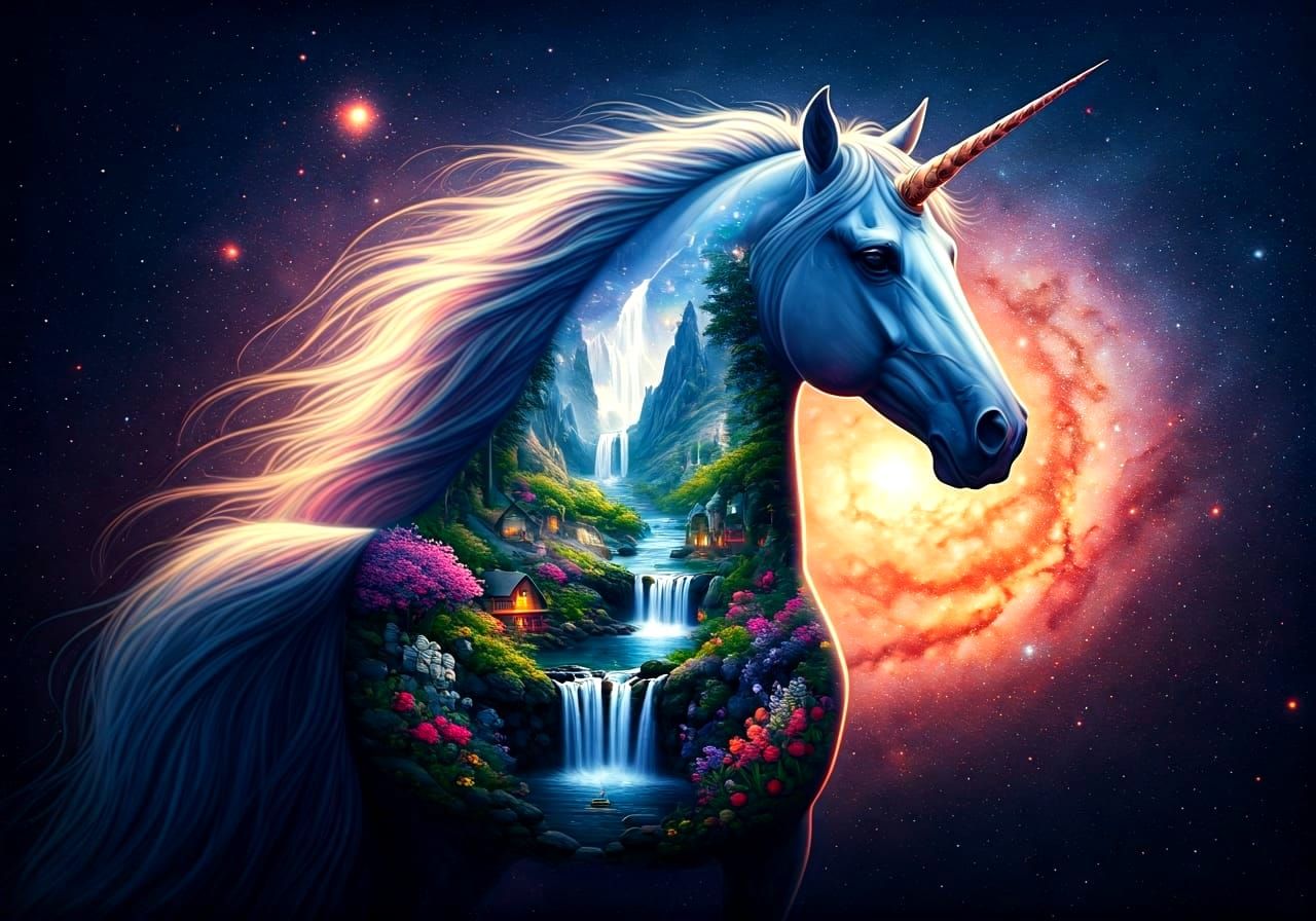 Unicorn Dreamscape Double Exposure with Galaxy