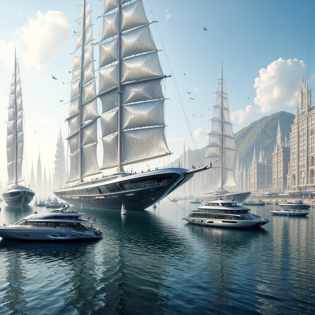 Futuristic Harbor with Abstract Sailing Boats