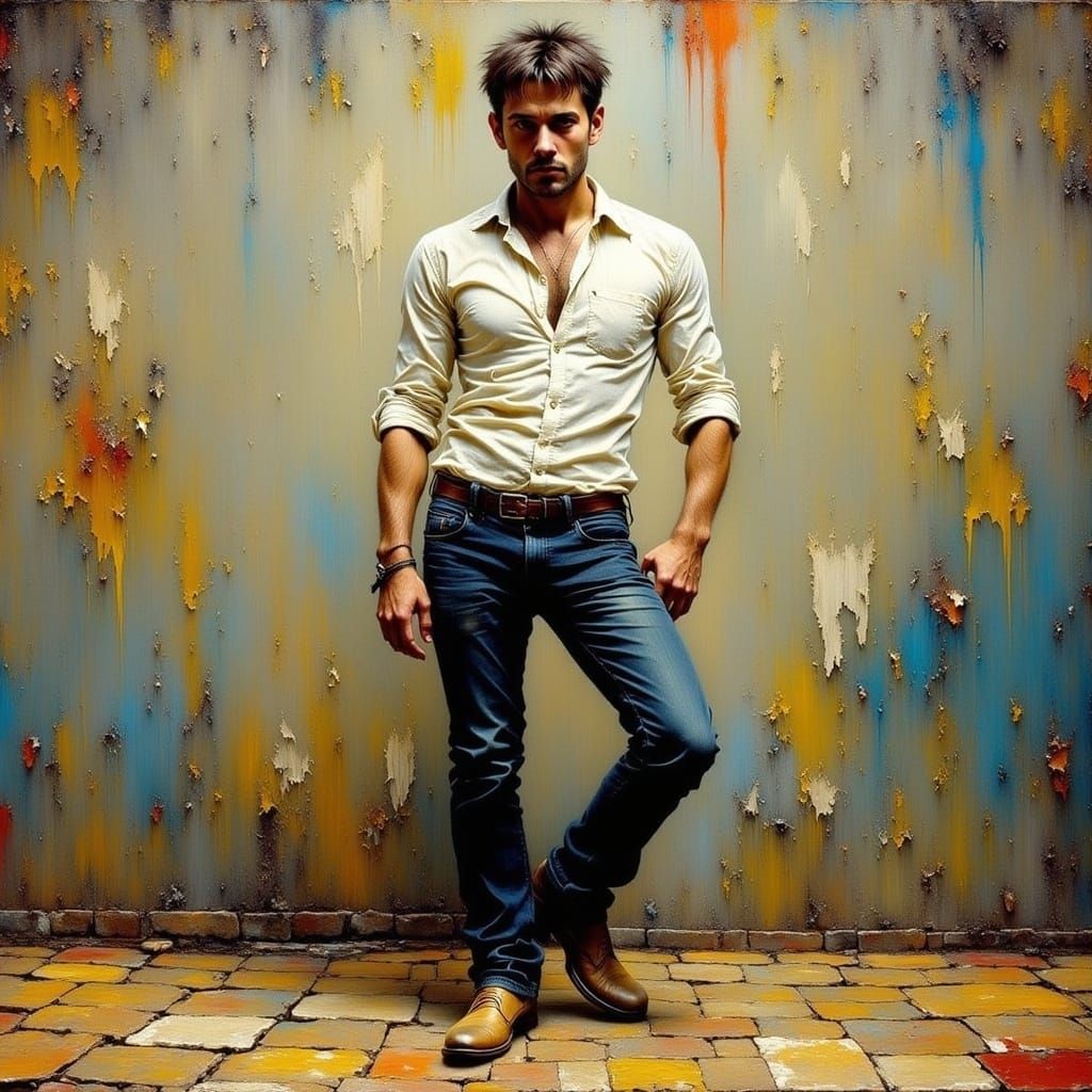 Stoic Man in Earthy Landscape, Gritty Realism