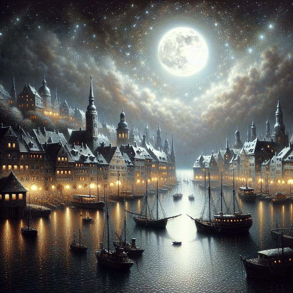 Romantic Harbour City Under Full Moon Illumination