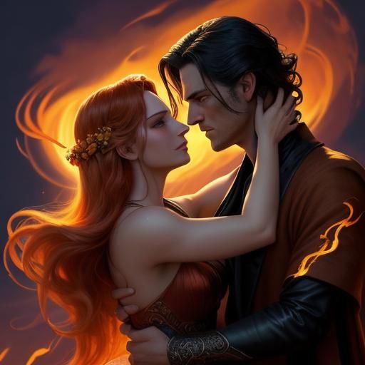 Passionate Embrace Under Fiery Sky: Digital Matte Painting