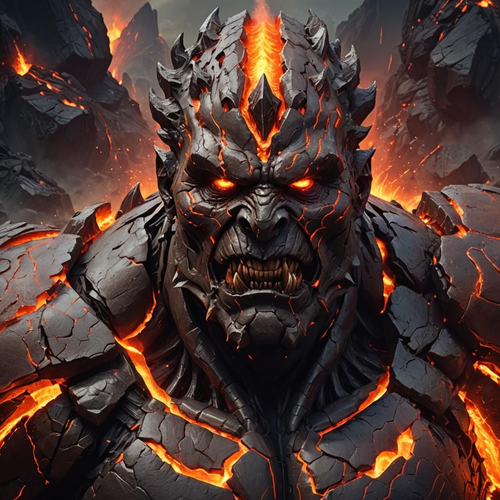 Magma Golem Portrait in Volcanic Wasteland