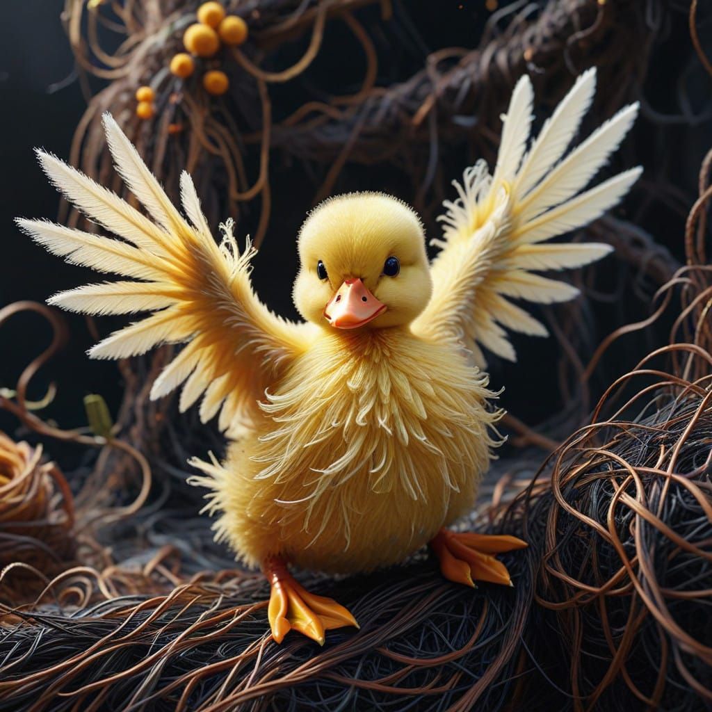 Whimsical Yellow Duckling in Vibrant Felted Wool Wonderland