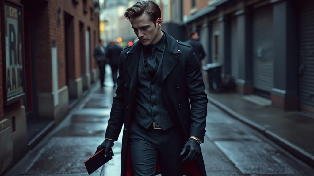 Enigmatic Man in Rain-Slicked Alleyway