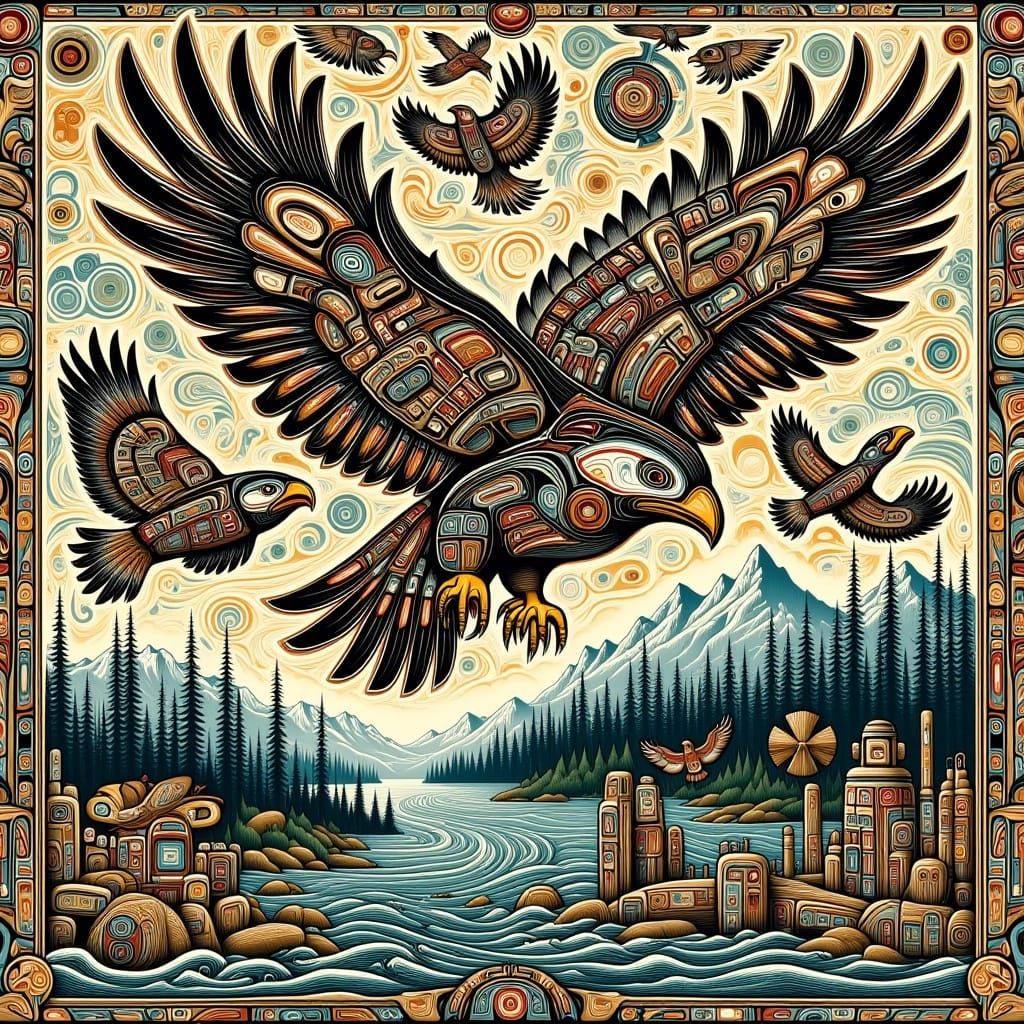 Eagle Soaring Above Coast in Woodland Art Style