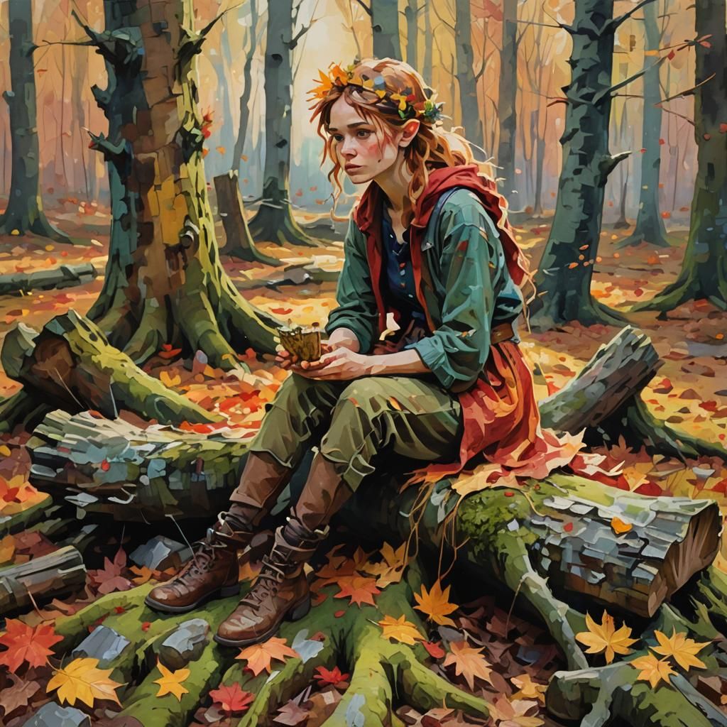 Autumn Fairy in Forest Glade, as Impressionist Gouache