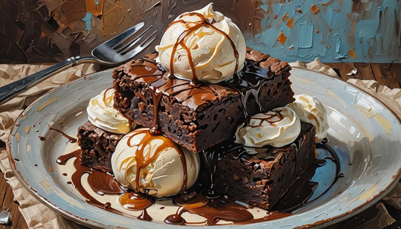 Delicious Brownie with Ice Cream as Impasto Painting