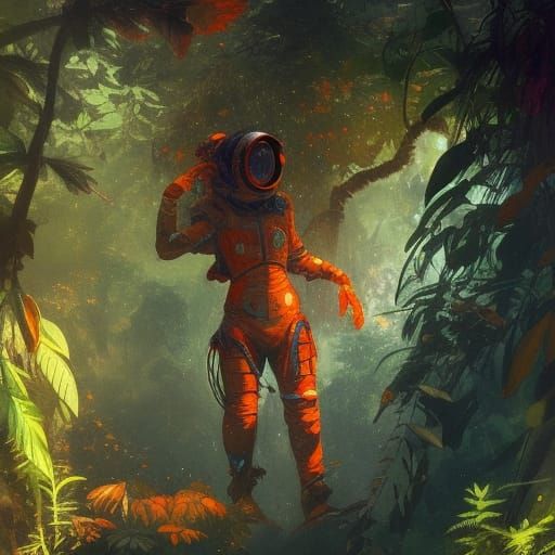 Astronaut Lost in Jungle: Hyperdetailed Concept Art