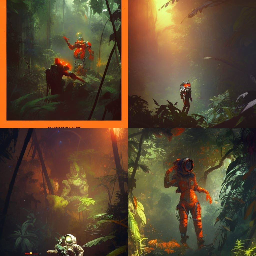 Astronaut Lost in Jungle, Hyperdetailed Concept Art