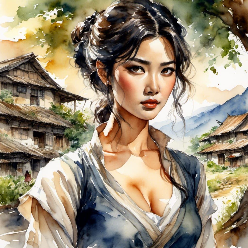 Ninja Girl with Wavy Hair in Watercolor Style