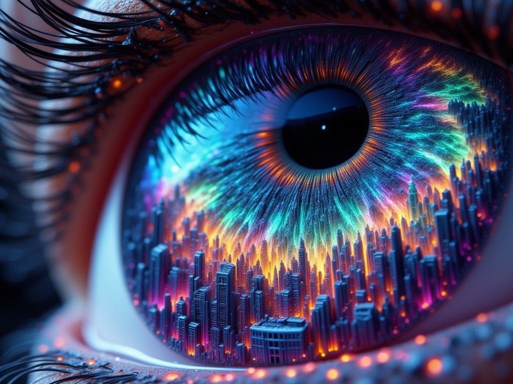 Eye with Neon Cityscape, Macro Photography