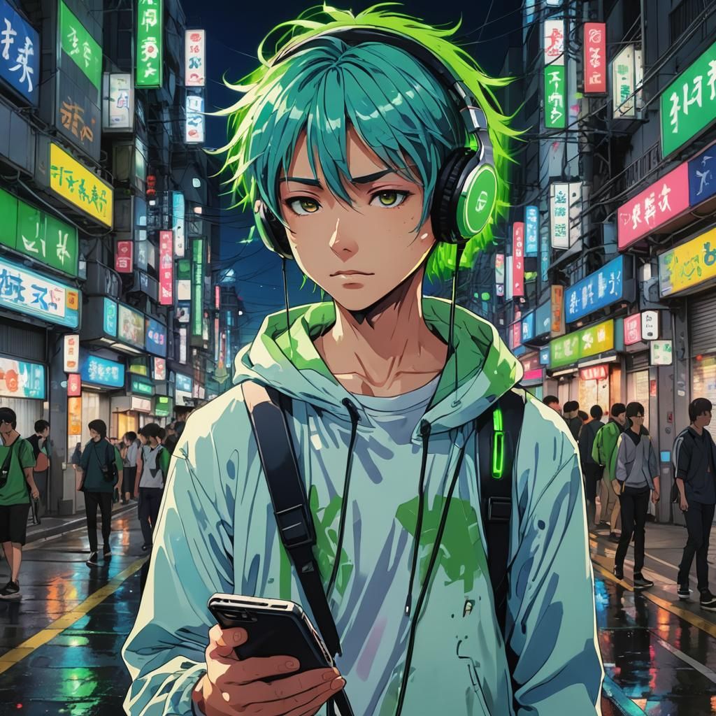 Anime Boy in Tokyo with Neon Reflections