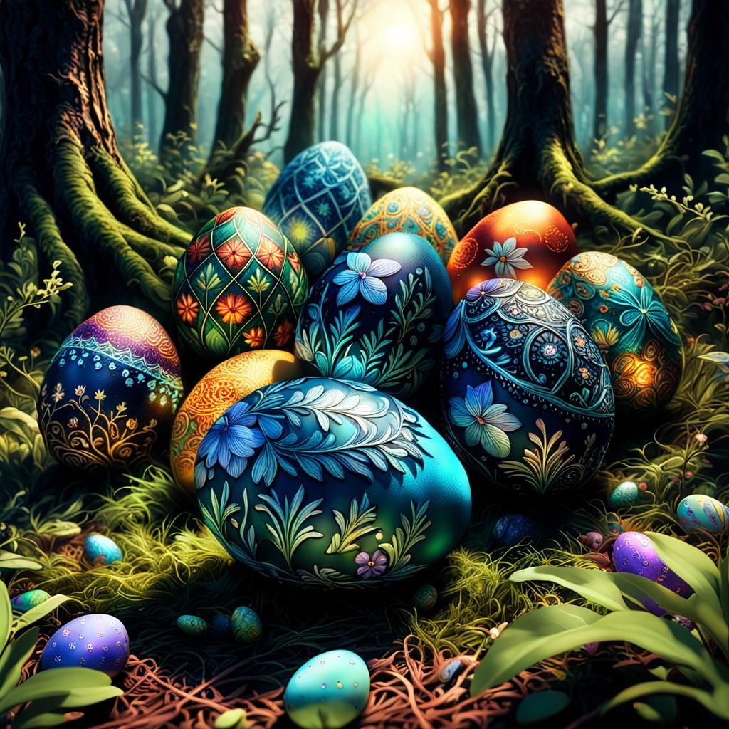 Intricately Decorated Easter Eggs in the Woods