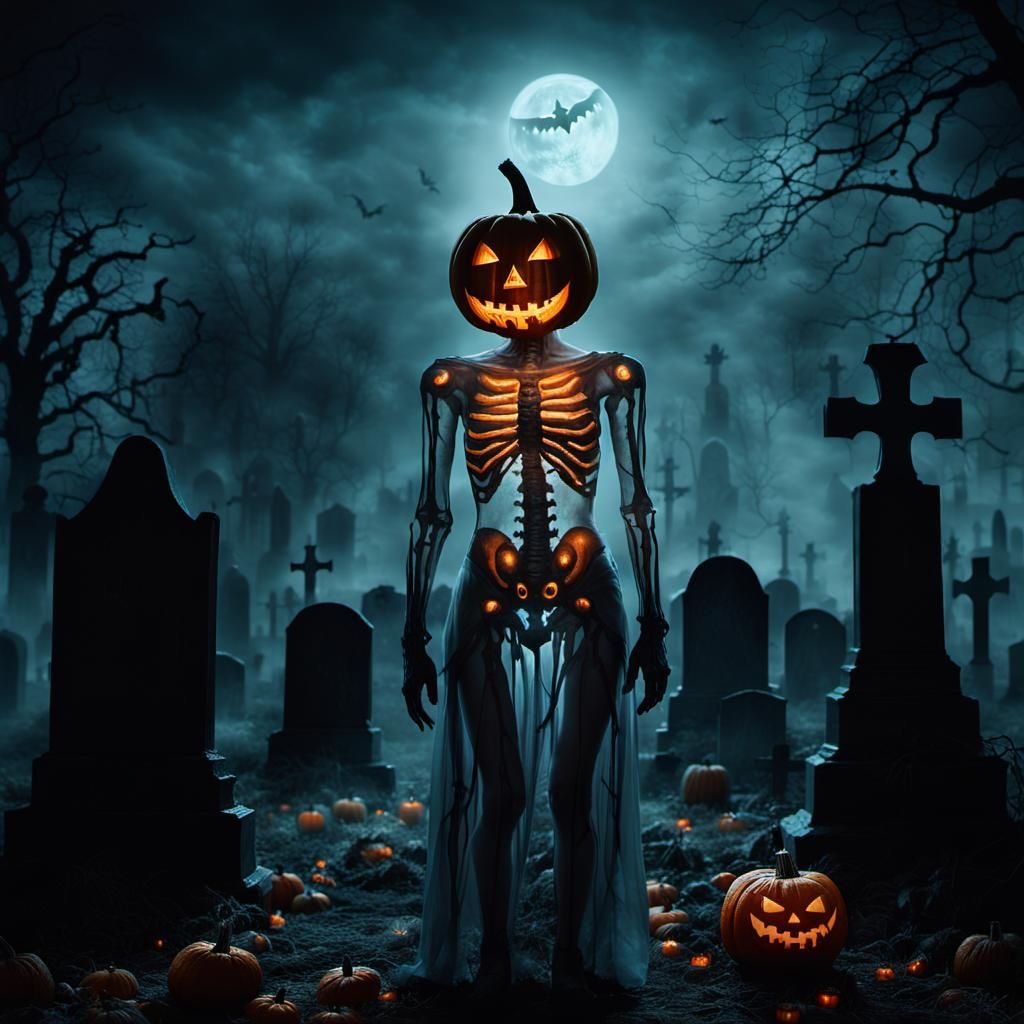 Eerie Surrealist Pumpkin Figure in Graveyard