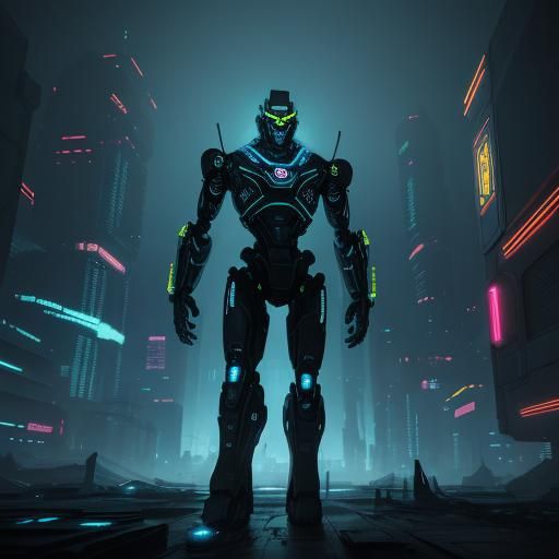 Robotic Figure in Ruined Cityscape, Sci-Fi Illustration