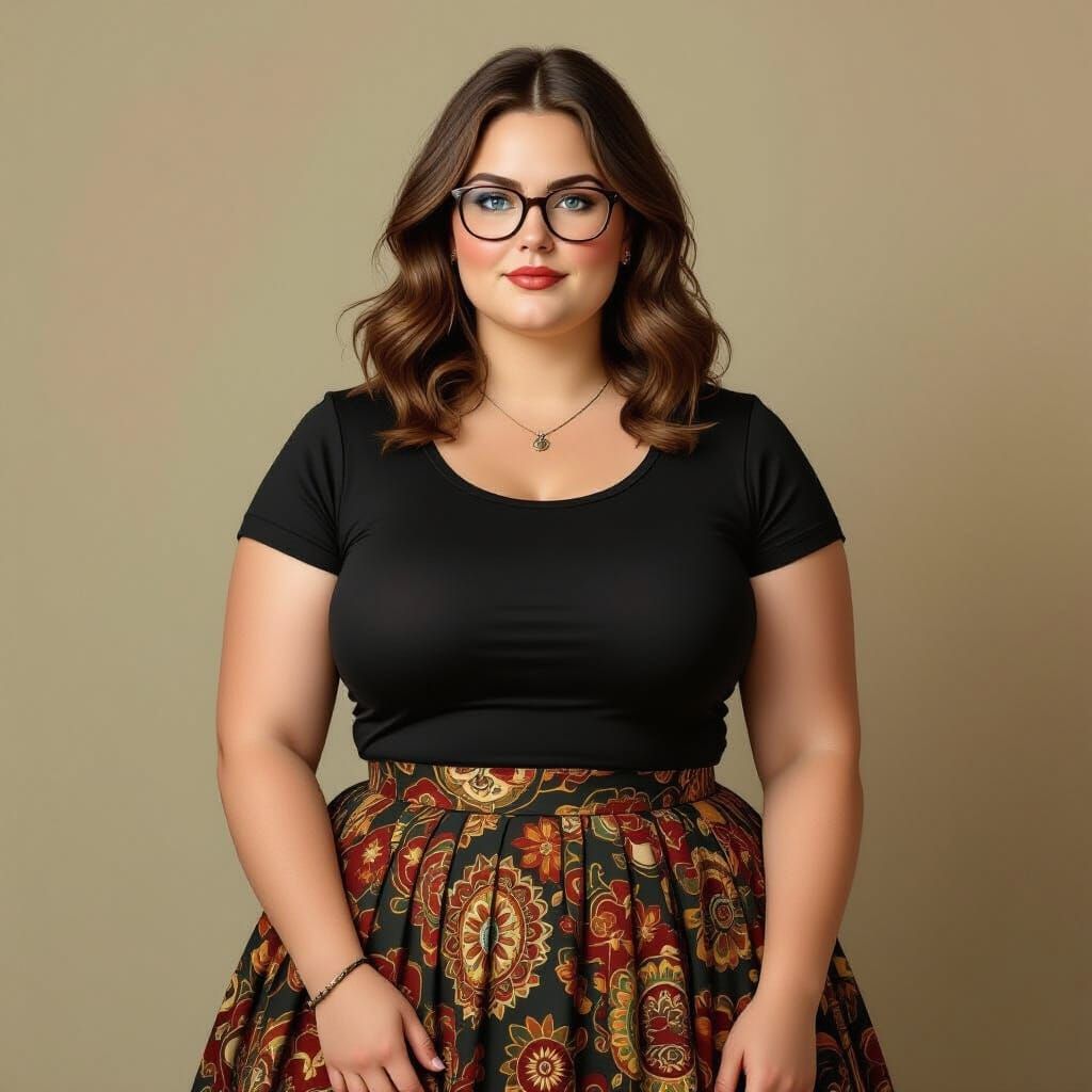 Plump Woman in Paisley Skirt, Realistic Portrait