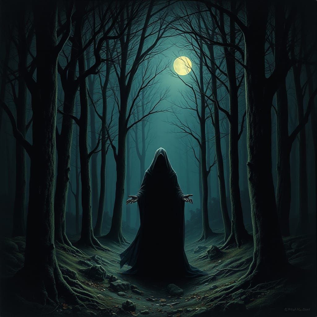 Mysterious Figure in Moonlit Forest: Dark Fantasy Art