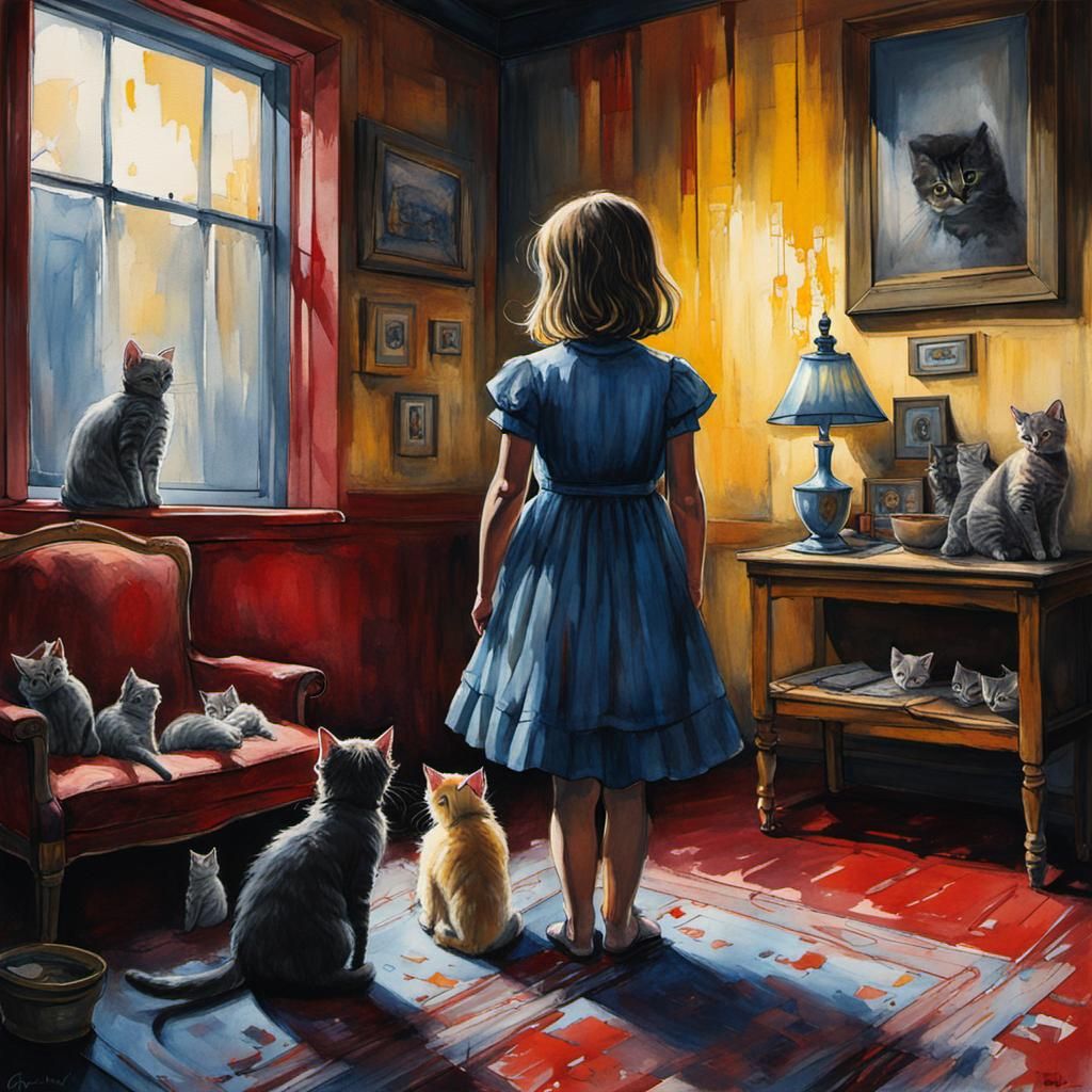Sinister Masterpiece: Girl and Kittens in Vibrant Room