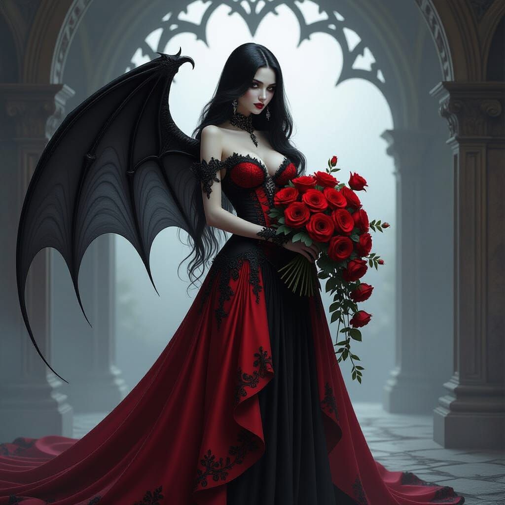 Gothic Skeletal Lady with Bat Wings and Roses