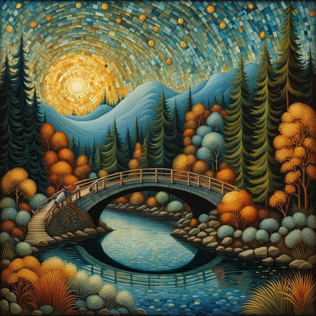 Troll Bridge Mosaic with Van Gogh Sky