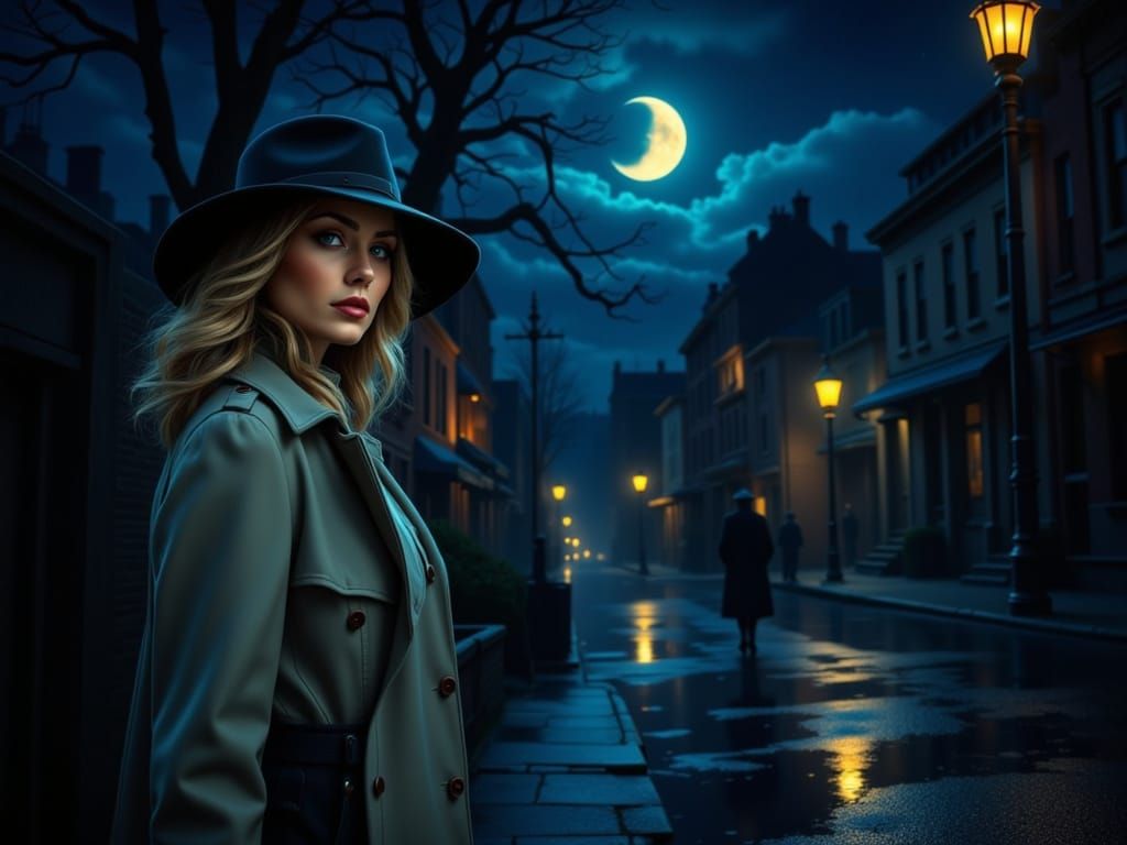 Film Noir Woman Walking Under Bioluminescent Stars