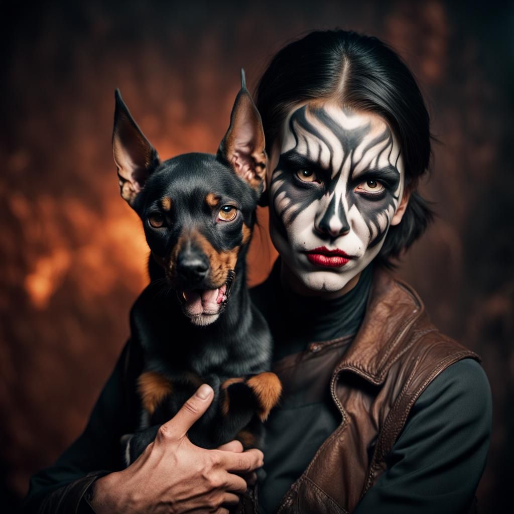 Spooky Villain with Kitten and Doberman
