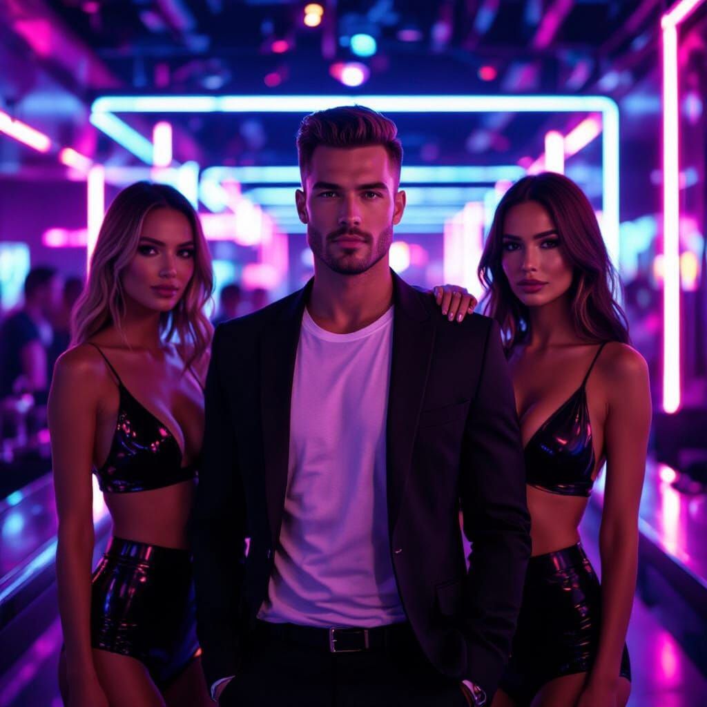 Man in Nightclub with Women, Neon Lights