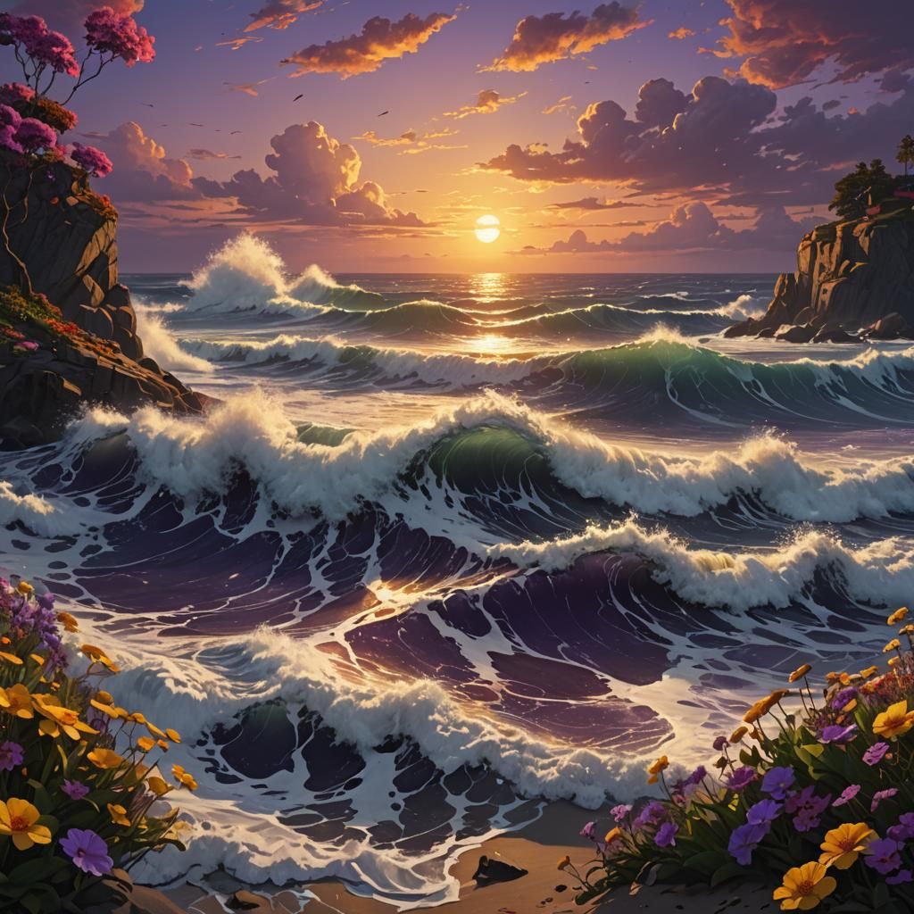Epic Ocean Sunset with Fantasy Art Details