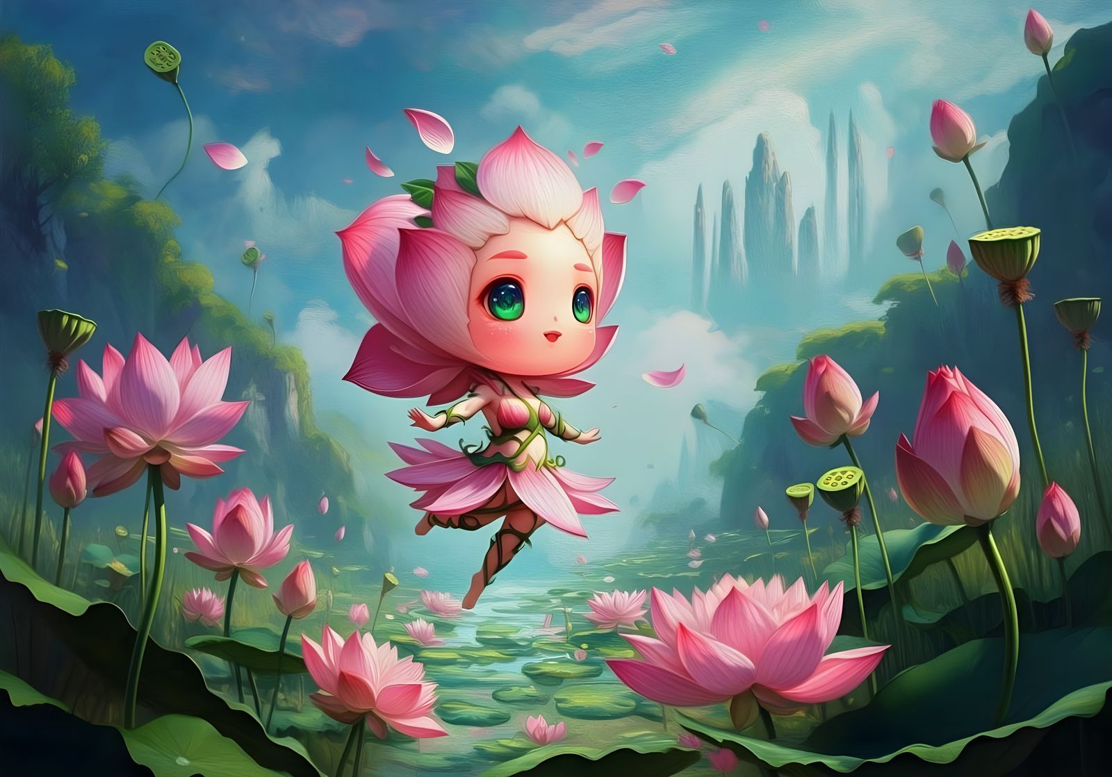 Ultra detailed chibi Lotus flower character jumps