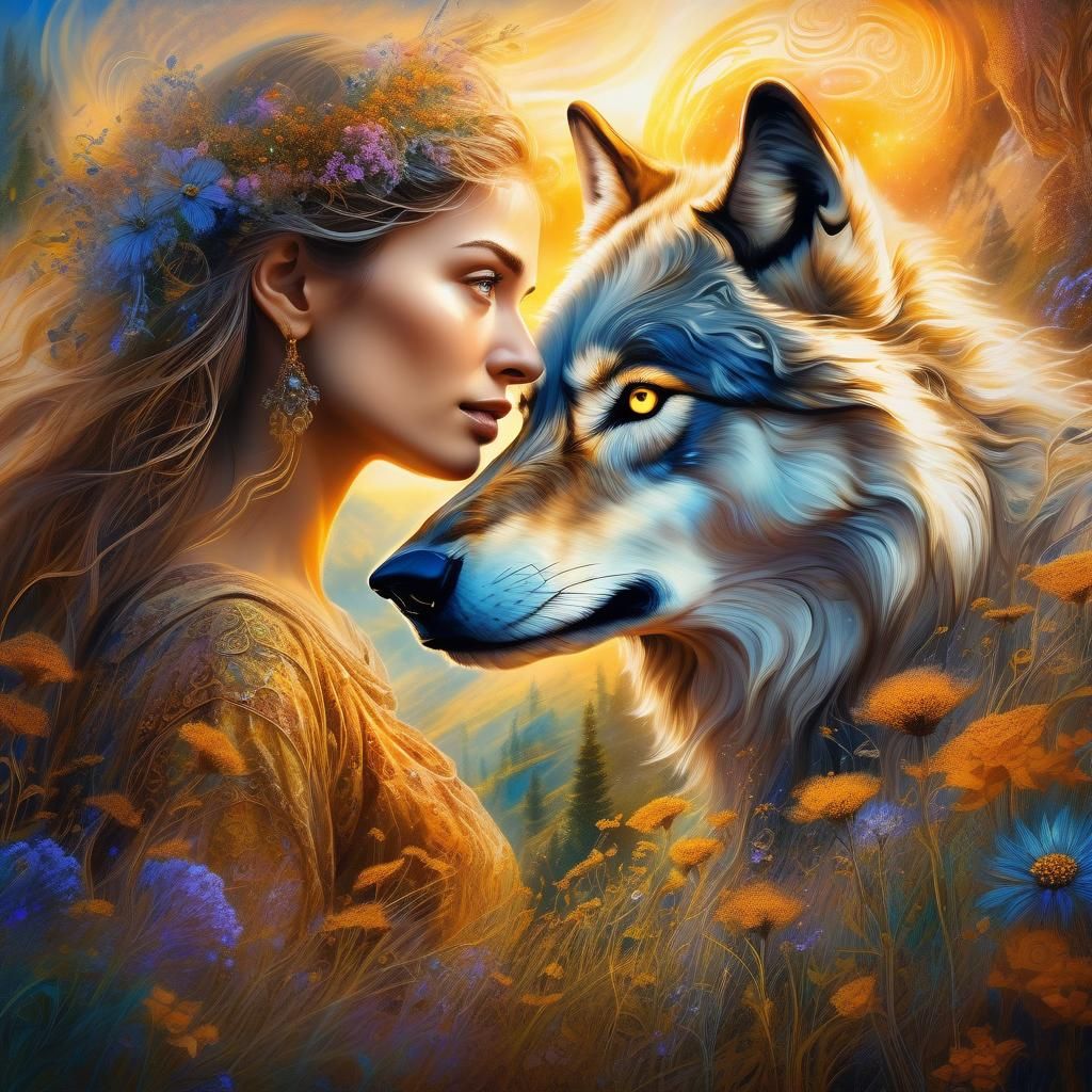 Woman and Wolf in Enchanted Forest Portrait