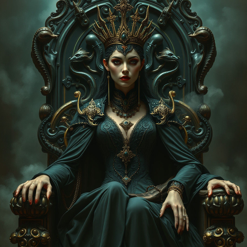 Mysterious Queen on Throne in Beksiński-Giger Style