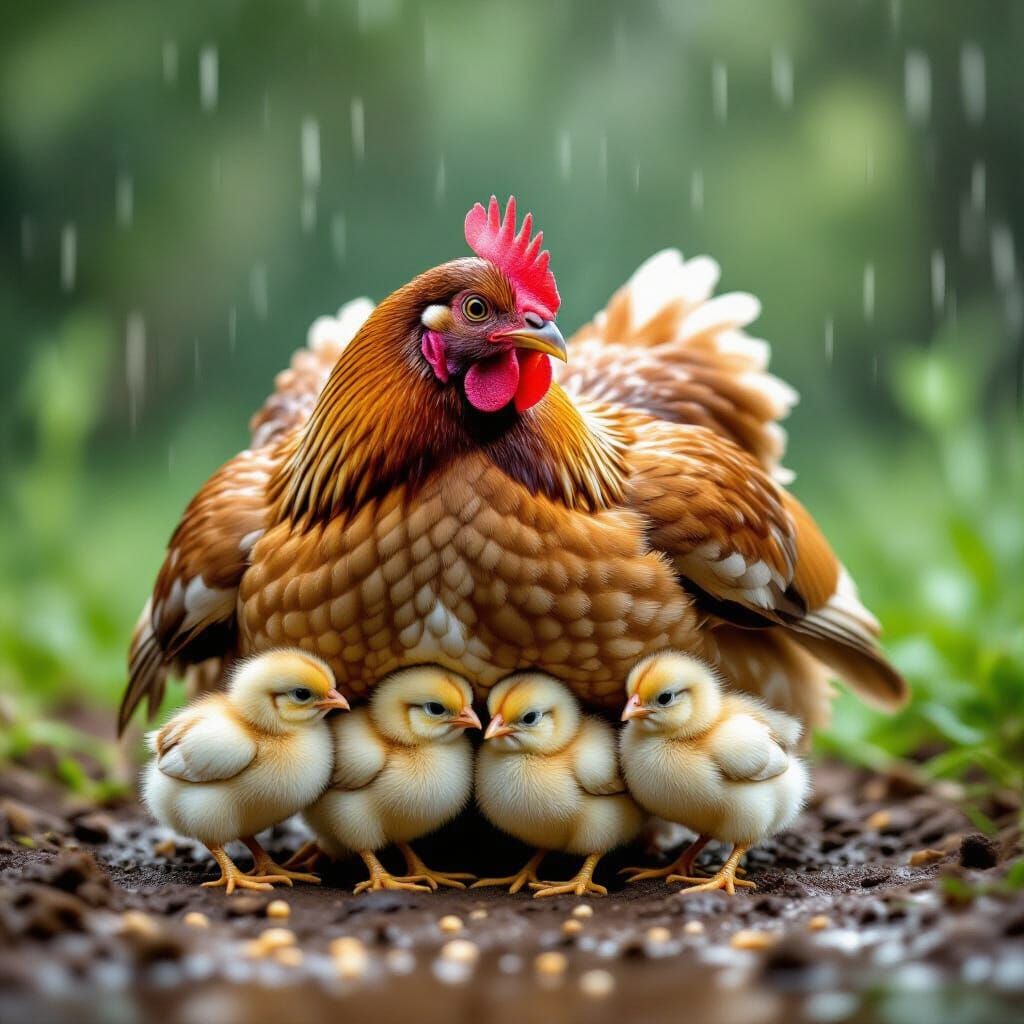 Mother Hen Sheltering Chicks in Rainy Village