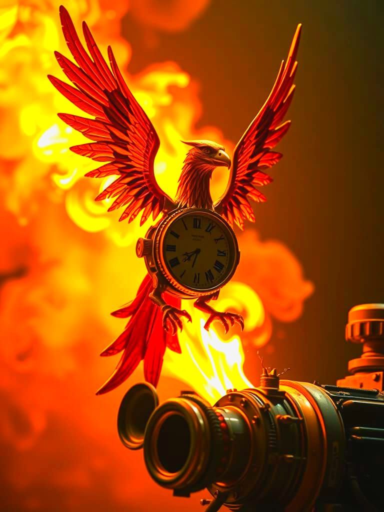 Clockwork Phoenix Rising from Flames: Cinematic Still