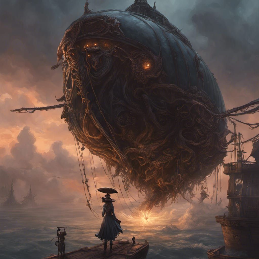Mage Battles Lovecraftian Monster on Airship
