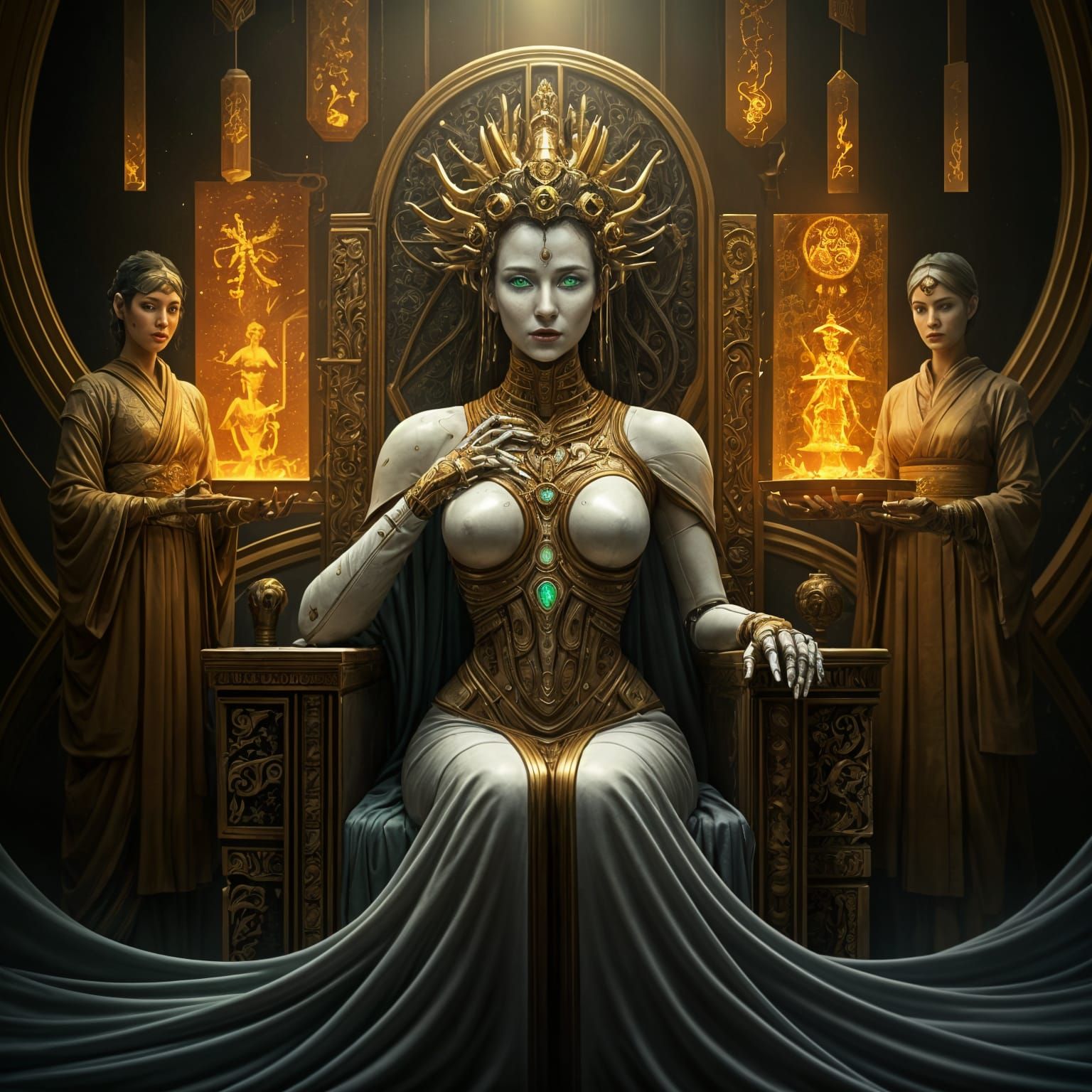 Cybernetic Empress on Data Throne in Luminescent Style