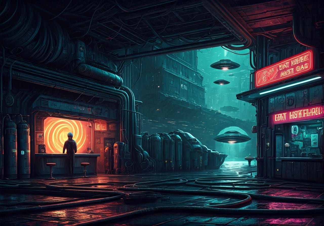 Cyberpunk Alien Rest Stop with Neon Lights and Spaceships