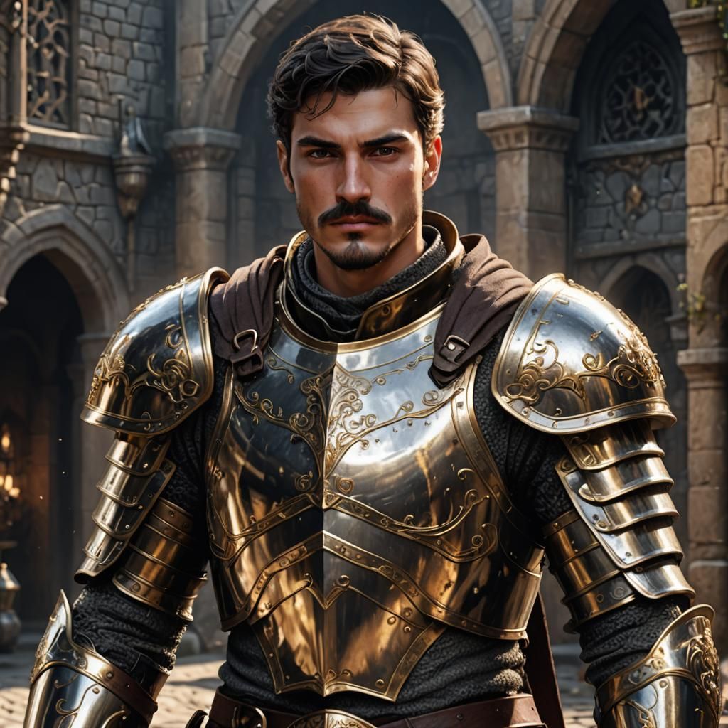 Male human knight. Dark brown hair with gray eyes. Well groomed medium moustache. Sharp jawline. Wears gold and silver a...
