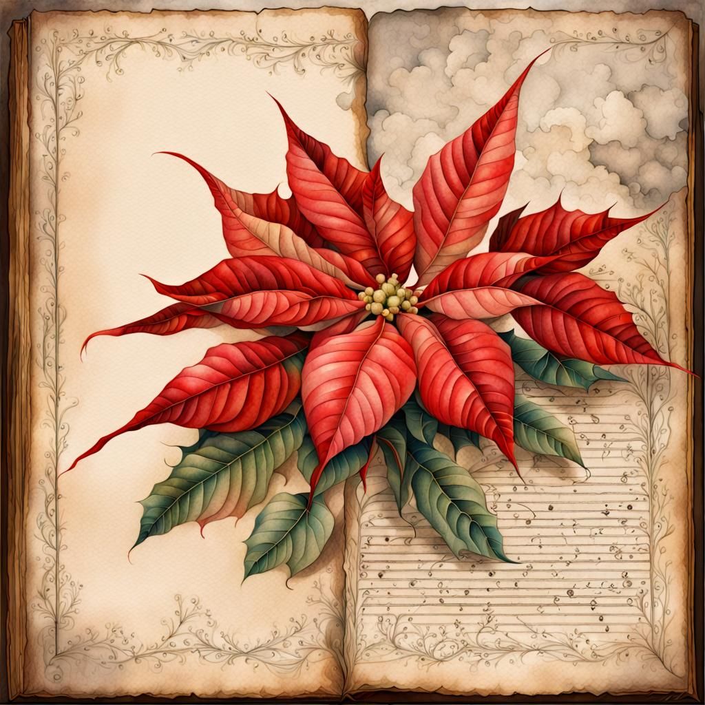 Poinsettia on Gothic Manuscript: Watercolor Drawing