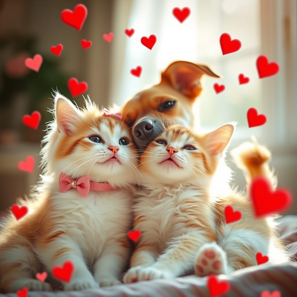 Tender Cat and Dog Couple in Warm, Sunlit Embrace