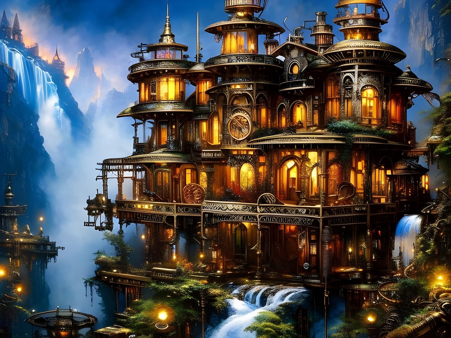 Steampunk Mansion on Waterfall: Fantasycore Artwork
