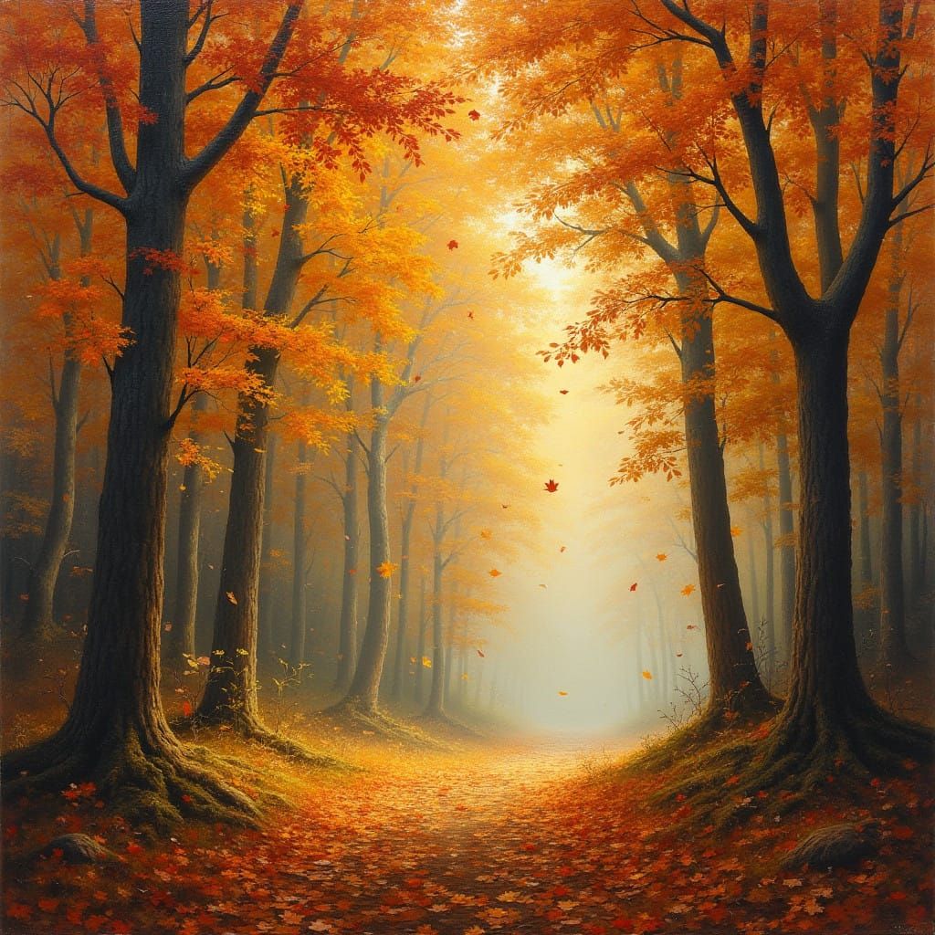 Golden Forest Landscape with Falling Leaves in Impressionist...