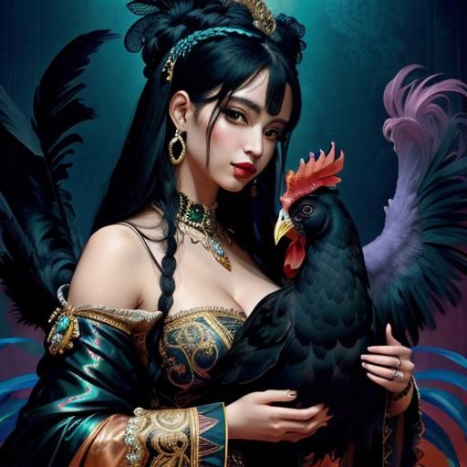 Ornate Noir: Woman and Iridescent Chicken
