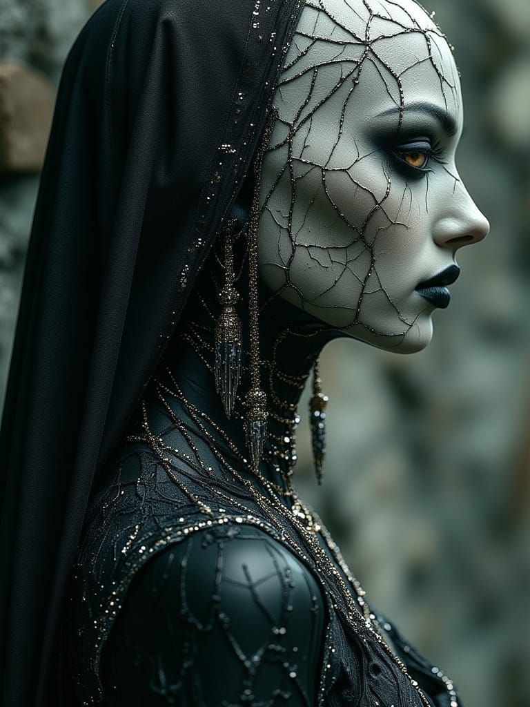 Eerie Gothic Portrait with Cracked Porcelain Skin