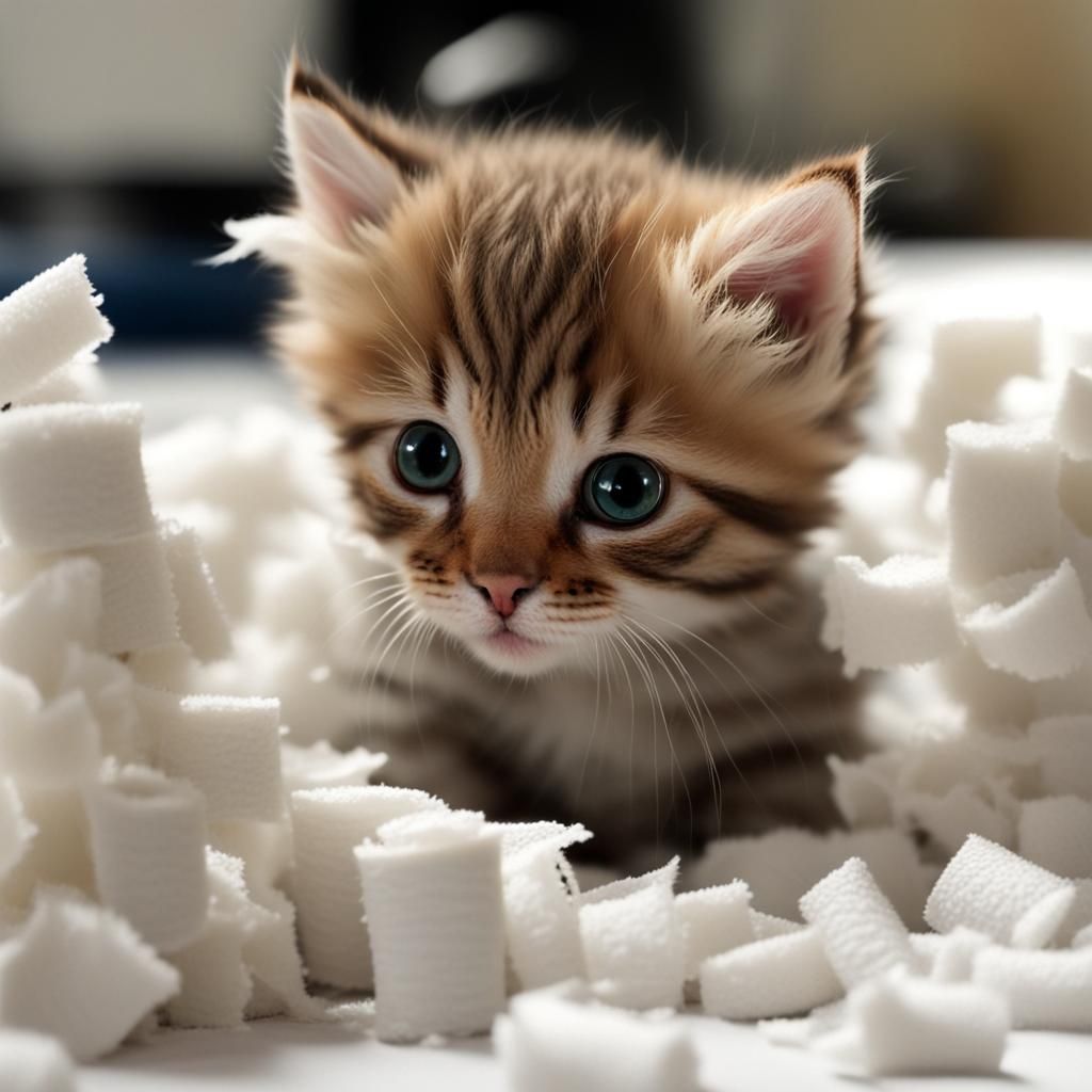 Adorable Kitten with Shredded Toilet Paper Roll